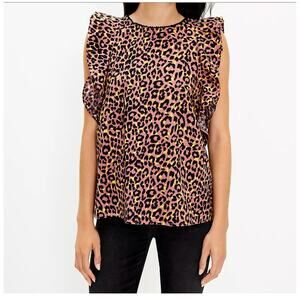 LOFT Leopard Print Ruffle Cut Out Sleeveless Lace Trim Pink Top Medium